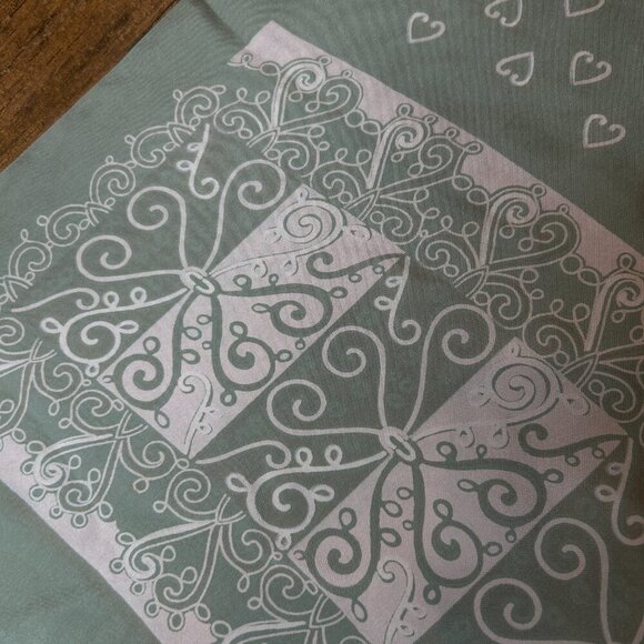 Vintage Sage Green and Cream Hearts 100% Silk Rectangle Scarf with Fringe - Picture 4 of 7